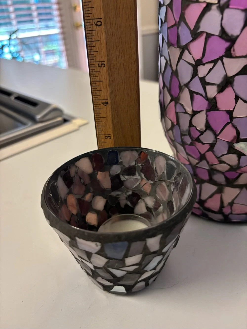 Vintage Mosaic Glass Hurricane Candle Holder Set Home Interiors Purple & Pink